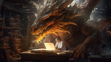 Dragon leyendo un cuento.Generative AI - obrazy, fototapety, plakaty