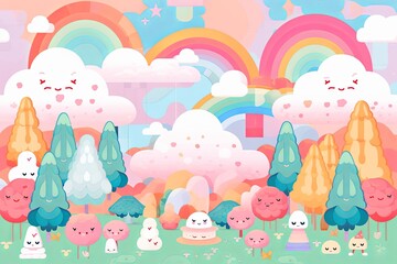 a colorful cartoon landscape with trees clouds and rainbows