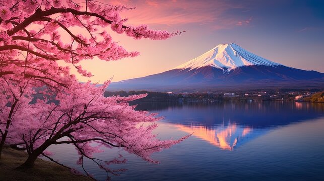 Photo of cherry blossoms and Mount Fuji in spring, Japan, generated by AI