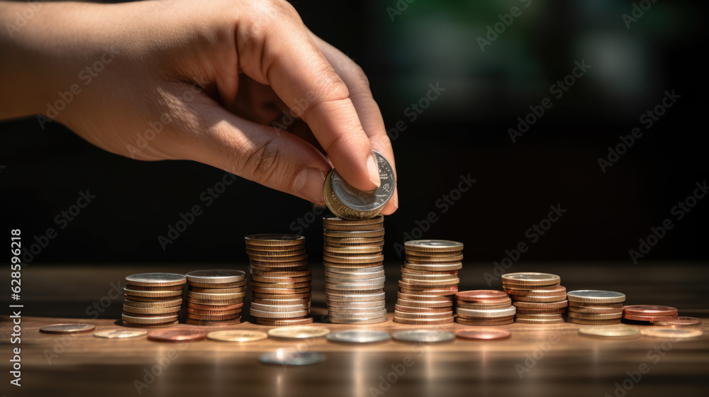 Poster mhand put coins to stack of coins on dark background. created with generative ai technology.