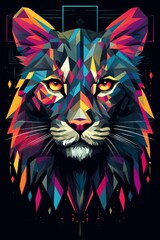 a colorful geometric cat head on a black background