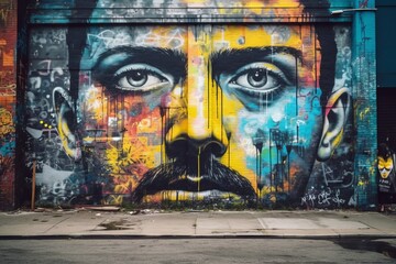a colorful mural of a mans face on the side of a building - obrazy, fototapety, plakaty