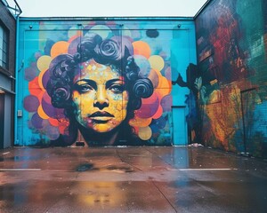 a colorful mural of a woman on the side of a building
