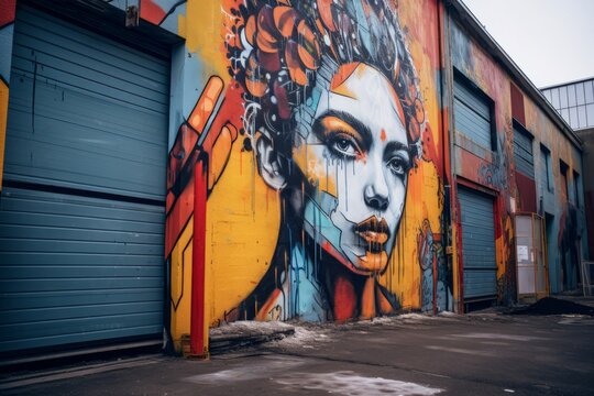 a colorful mural of a womans face on the side of a building