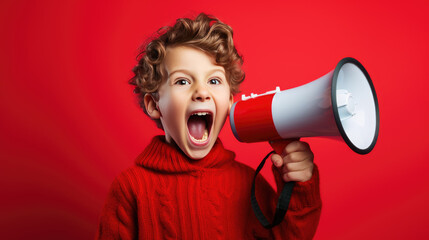 A child speaks into a loudspeaker isolated on red background.