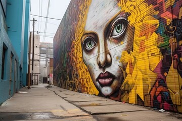 a colorful wall with a womans face painted on it