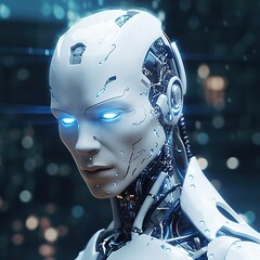 Holographic humanoid robot white skin with blue eyes Ai Image Generated