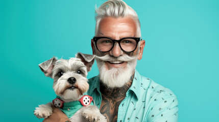 Senior man holds a dog puppy in his arms on blue background.
