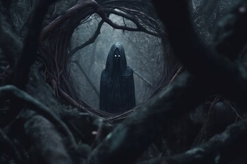 a dark figure in a forest with trees and branches