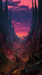 a digital painting of a forest with trees and rocks