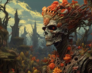 Fototapeta premium a digital painting of a skeleton with flowers on his head