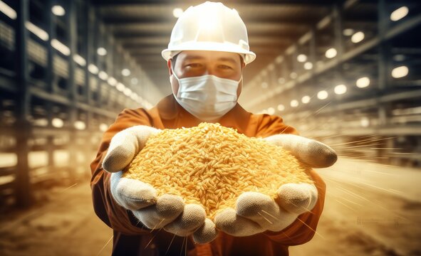 Closeup hands worker holds grain for production of white flour in automated modern mill for bread. Created with Generative AI technology.