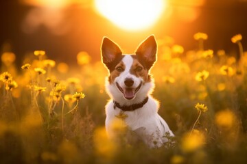 a dog is sitting in a field of flowers at sunset