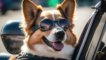 realistic and joyful doggy with glasses background for bike adventure generative ai