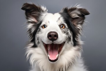 a dog with its mouth wide open on a gray background