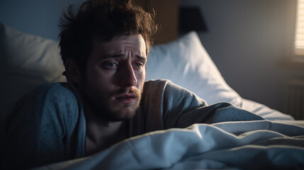 Fototapeta premium Depressed man lying in bed can't sleep late at morning with insomnia.