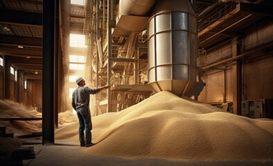 Closeup hands worker holds grain for production of white flour in automated modern mill for bread. Created with Generative AI technology. - obrazy, fototapety, plakaty