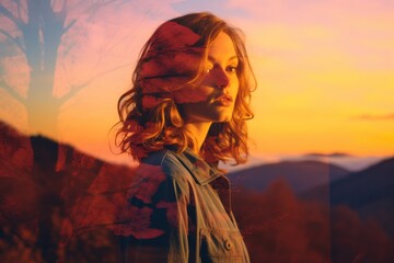 a double exposure of a woman standing in front of a sunset