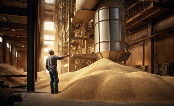 Closeup hands worker holds grain for production of white flour in automated modern mill for bread. Created with Generative AI technology.