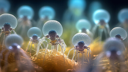 Modern synthetic nanorobots under a medical scanning electron microscope, combating bacteria and viruses, color-full image, ai-generated