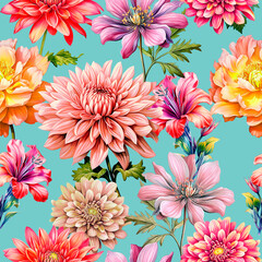 Seamless pattern with hand drawn flowers. Floral illustration. - 628598257