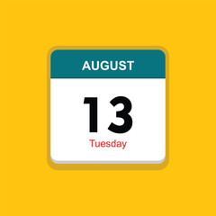 tuesday 13 august icon with yellow background, calender icon