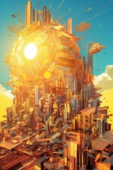a futuristic city with an orange sun in the sky