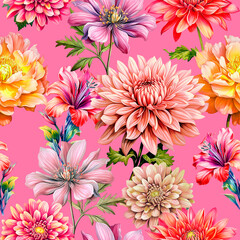 Seamless pattern with hand drawn flowers. Floral illustration. - 628598436