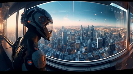 a futuristic robot looking out of a window at the city