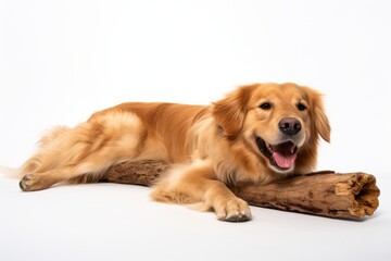 a golden retriever dog laying on top of a log