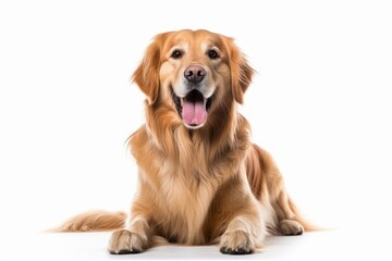 a golden retriever dog sitting down on a white background