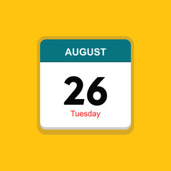 tuesday 26 august icon with yellow background, calender icon