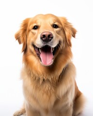 a golden retriever dog sitting down with his tongue hanging out