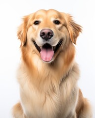 a golden retriever dog sitting in front of a white background