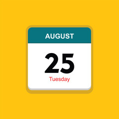 tuesday 25 august icon with yellow background, calender icon