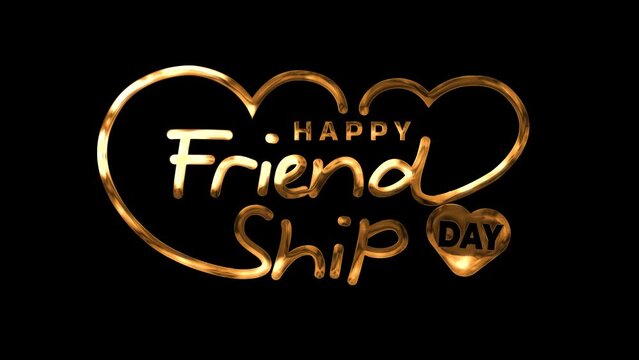 Happy Friendship Day Lettering Text Animation with hearts in gold color on transparent backgroun alpha channel. Handwritten modern calligraphy text animated. Great for Friendship Day celebration