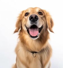 a golden retriever is smiling and looking up at the camera