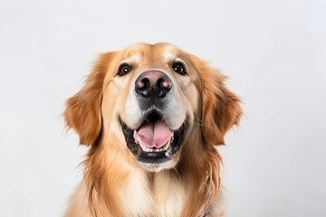 a golden retriever is smiling and looking up at the camera