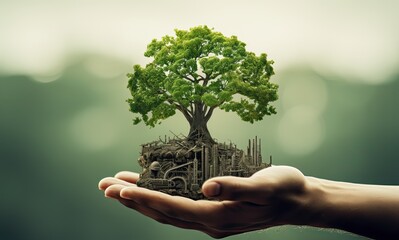 Hand holding a tree. Symbol of ecology and sustainable energy. 