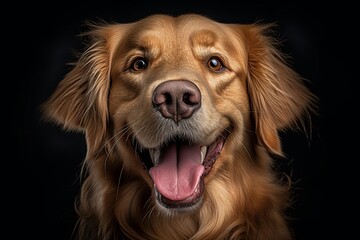 a golden retriever is smiling in front of a black background