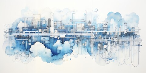 AI Generated. AI Generative. Abstract geometric factory pipeline industry drawing background in blue clouds. Graphic Art - obrazy, fototapety, plakaty