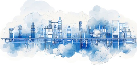 AI Generated. AI Generative. Abstract geometric factory pipeline industry drawing background in blue clouds. Drawing painting ink watercolor art on canvas. Graphic Art