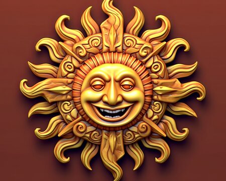 a golden sun with a smiling face on a red background