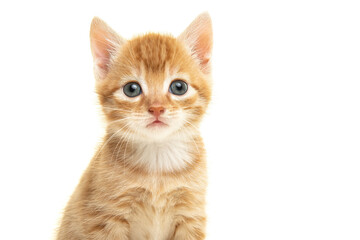 Portrait of an adorable ginger kitten looking at the camera isolated on a white background with space for copy