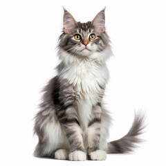 a gray and white cat sitting down on a white background