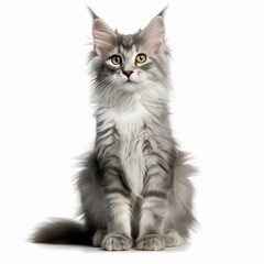 Fototapeta premium a gray and white cat sitting in front of a white background