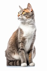 a gray and white cat sitting on a white background