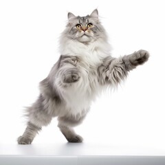 Fototapeta premium a gray and white cat standing on its hind legs