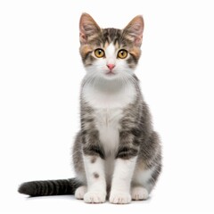 Obraz premium a gray and white kitten sitting in front of a white background