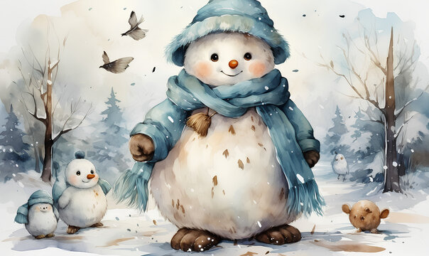 Snowman, watercolor painting wallpaper - Generative AI